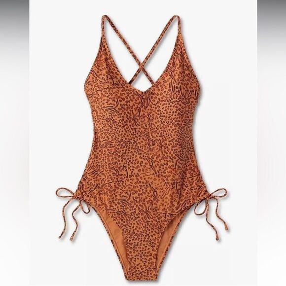 NWOT Shade & Shore One Piece Side Tie Plunge Leopard Print Swimsuit - Picture 1 of 16